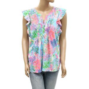 Lilly Pulitzer Golda Blouse Top Ruffle Pintuck Floral Printed Cotton S 288184